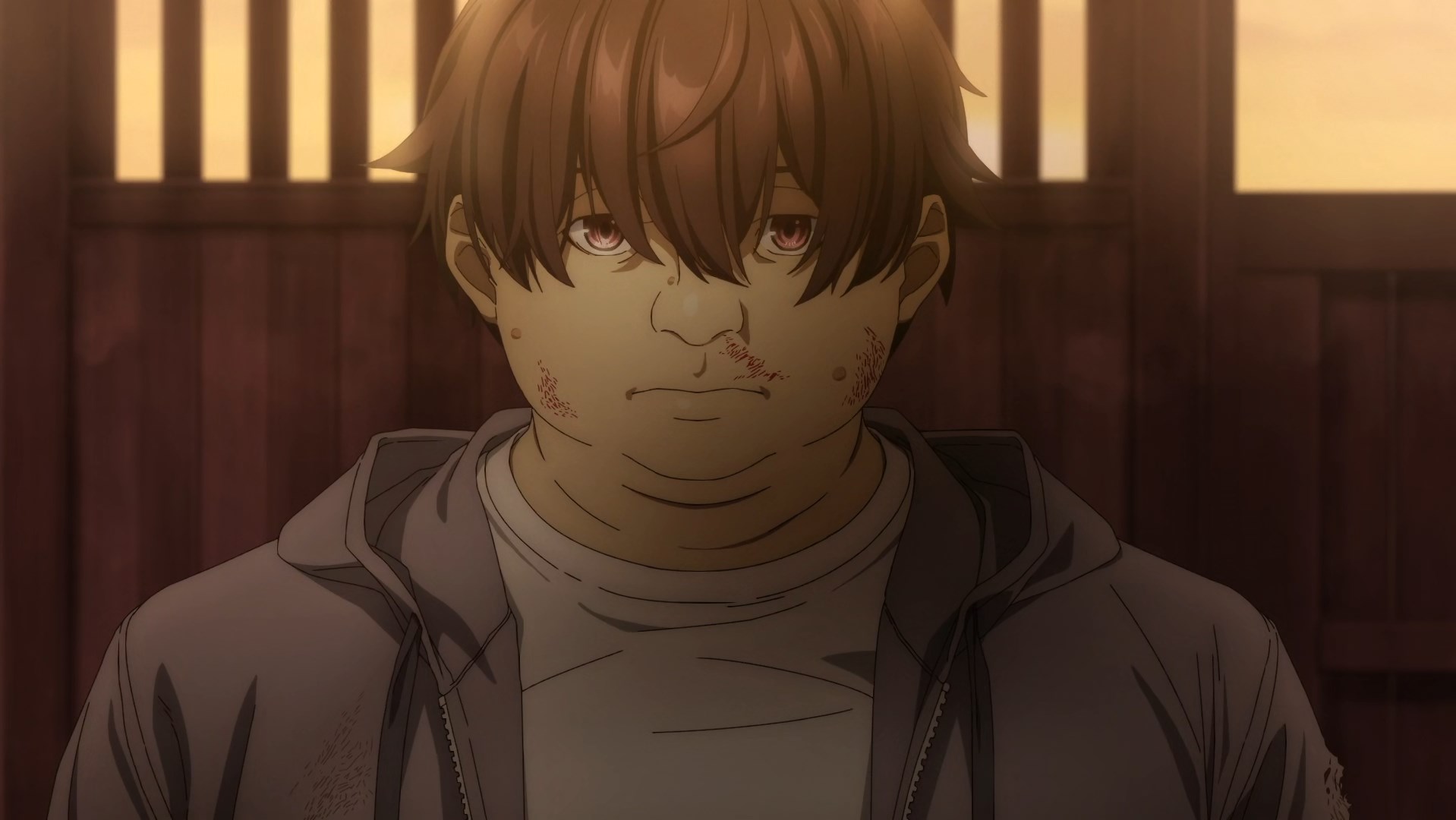 The protagonist as he was: fat, short, bleeding from being beat up, depressed